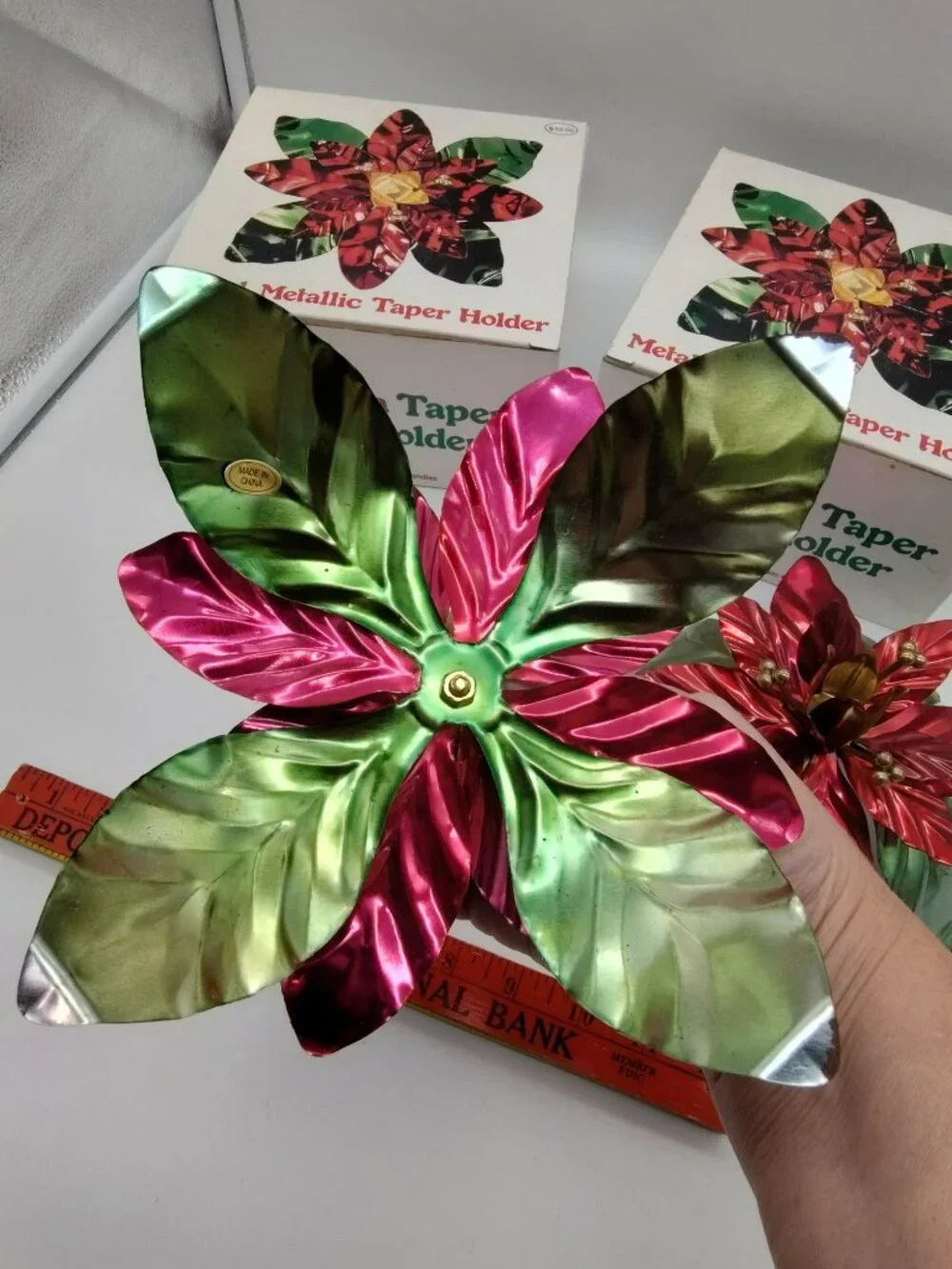 2 Vintage Christmas Taper Candle Holders Shiny metal Poinsettia Flower, Orig Box